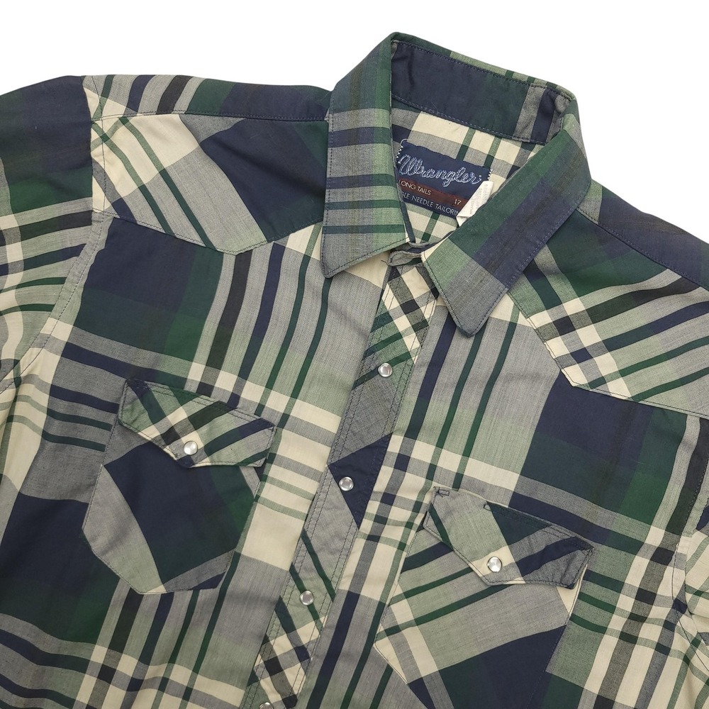 Vintage Wrangler Western Shirt Mens XL Green Plaid Pearl Snap Shortโ Sleeve